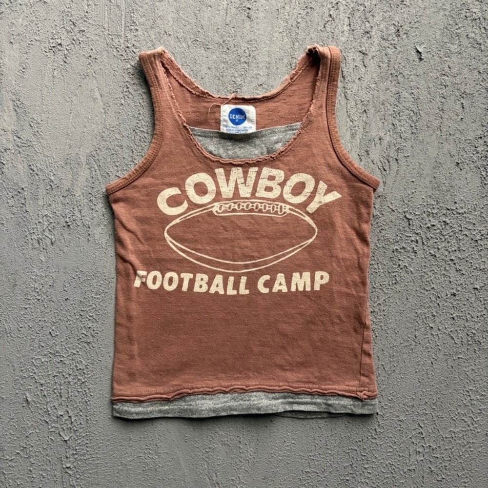 Denim Dungaree Tank Top XS 100CM Brown Cowboy Football Japan Baby Tee